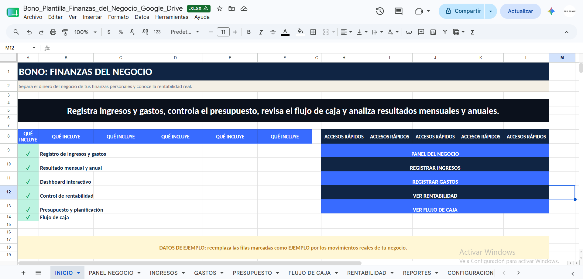 Plantilla de finanzas del negocio en Google Drive: hoja de inicio
